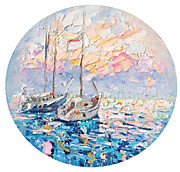 "Яхты на закате" 25х25см, холст, масло, 2024г. Таран Анна